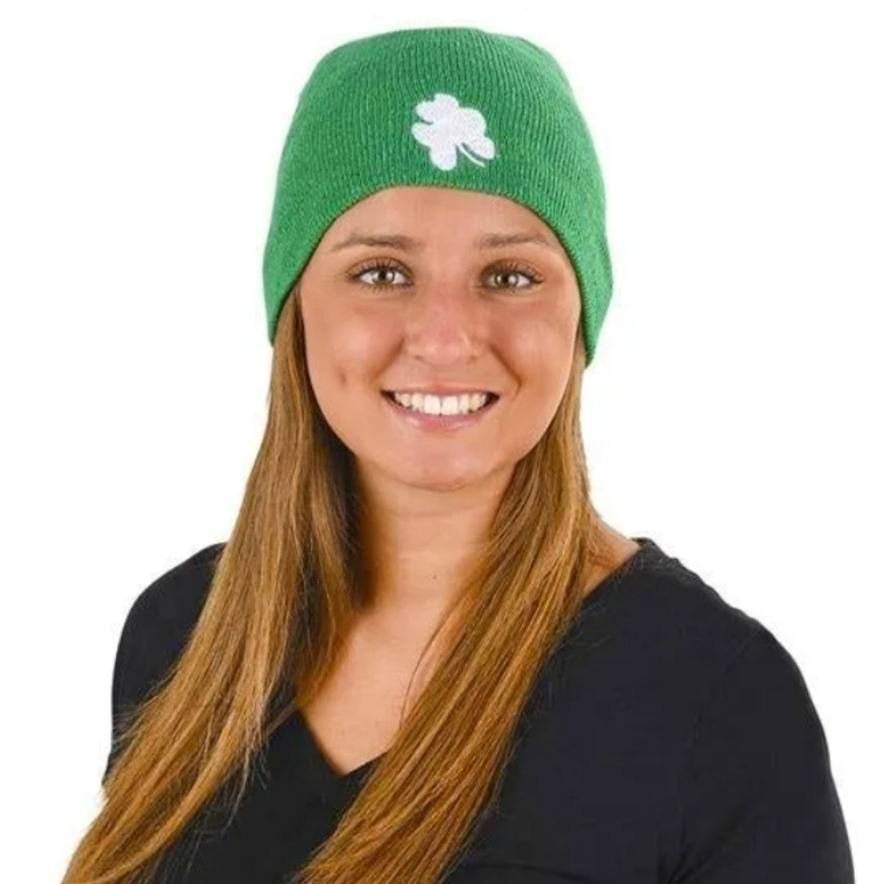Icing Shamrock Irish Lucky Four Leaf Clover Green Beanie Hat Unisex One Size